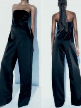 Zara Black Strapless Wide-Leg Satin Jumpsuit S